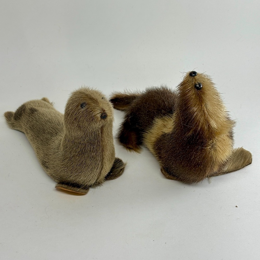 Vintage Genuine Fur Seal Sea Lion Figurines Set of 2 Realistic Handmade‎ Decor